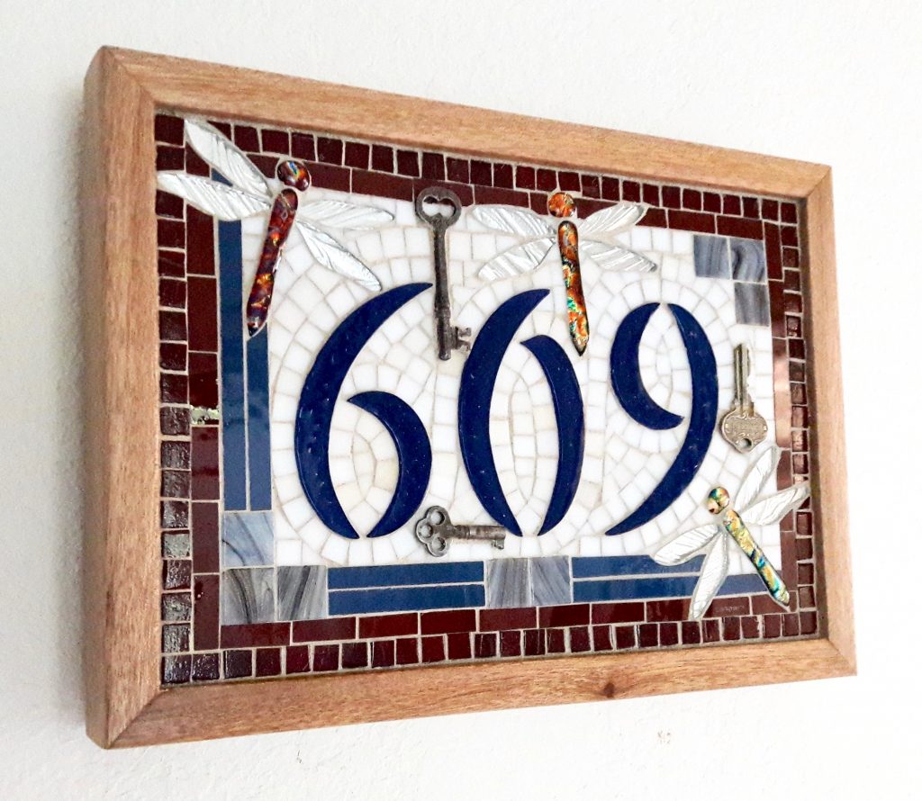 Caron Art Glass art glass mosaic house numbers 609 dichroic glass found objects keys dragonflies numbers white blue burgundy gray rectangle wood frame