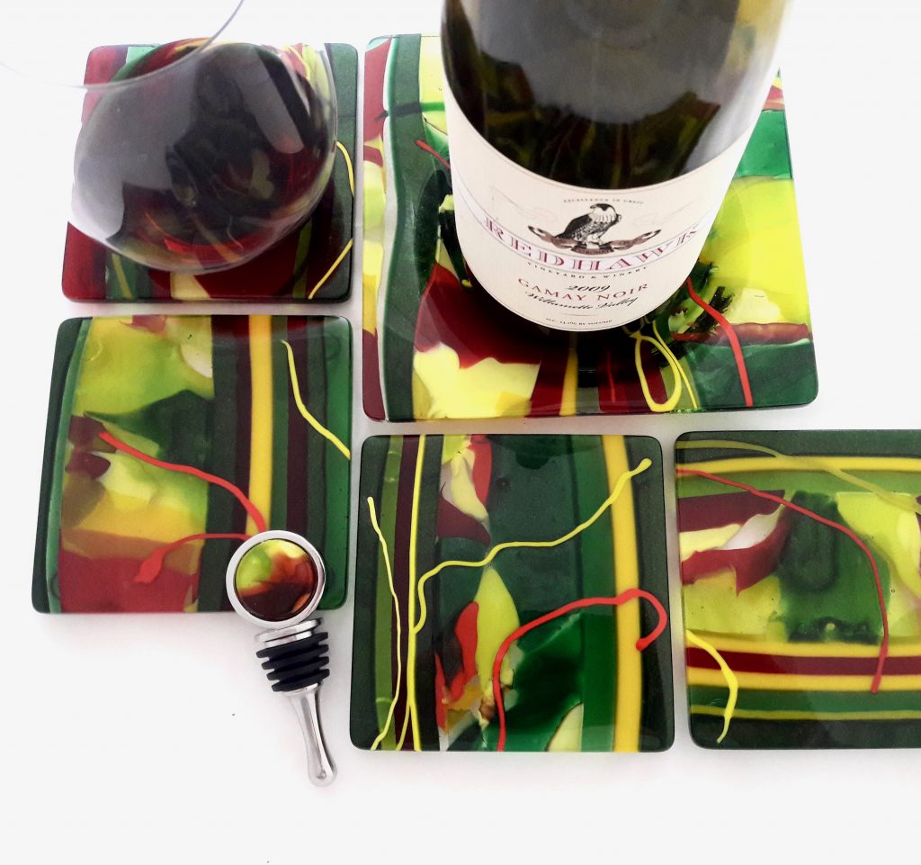 Caron Art Glass fused glass table ware wine bottle coaster, stopper and coaster set Appleseed hand raked glass red yellow green