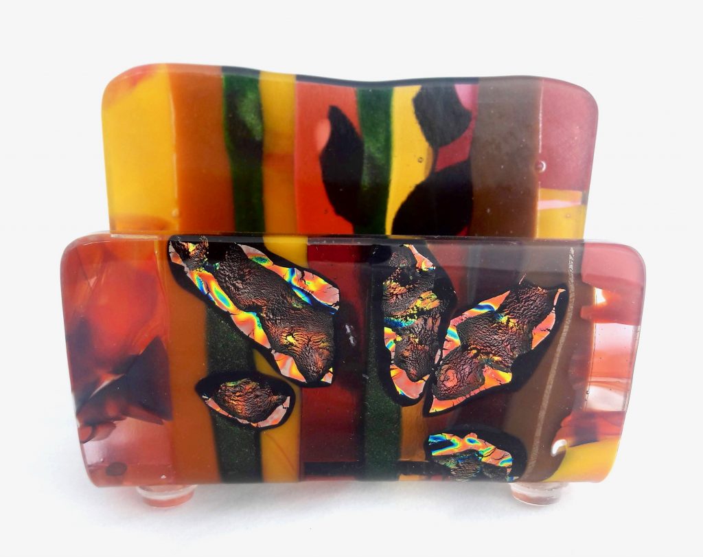 Caron Art Glass fused glass office and library business card holder Autumn Flame hand raked fused glass kiln formed glass