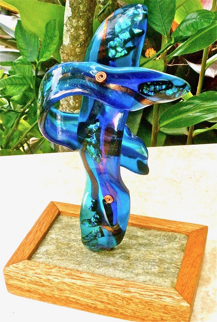 Caron Art Glass fused glass sculpture home decor Azure Dragon kiln formed glass dichroic glass turquoise blue aqua 2 elements slate wood copper base