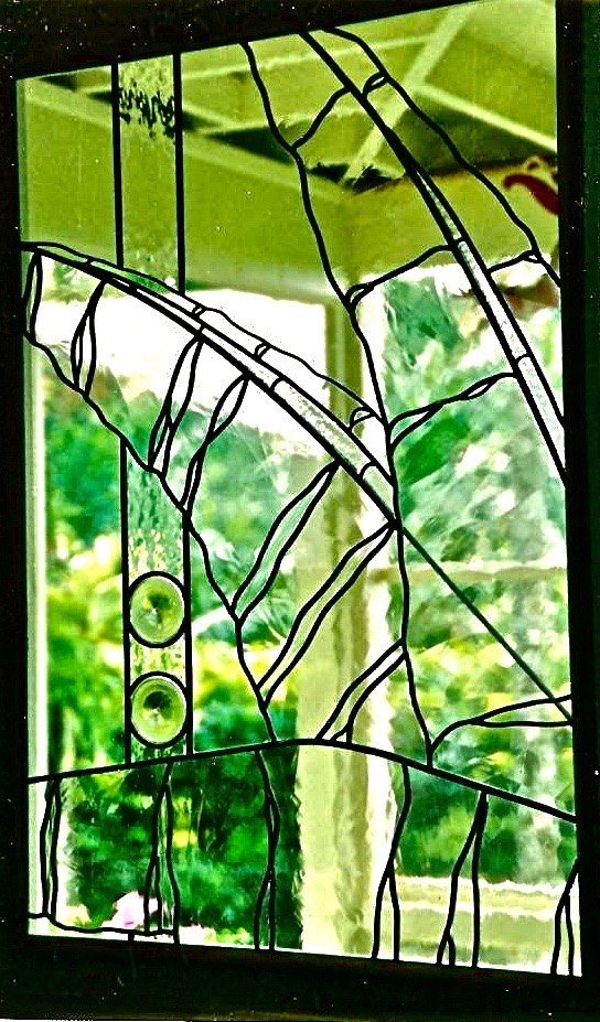 Caron Art Glass architectural art glass side light Banana Leaves in Mānoa stained glass clear textured glass rondels tropical plants clear rectangular