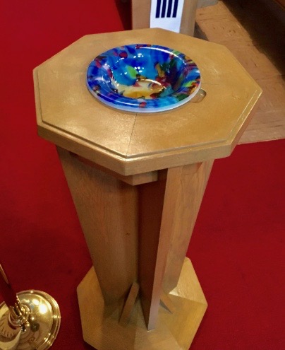 Caron Art Glass architectural art glass baptismal font hand raked fused glass kiln formed glass blue amber purple red green