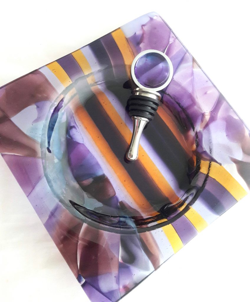 Caron Art Glass fused glass table ware wine bottle coaster wine bottle stopper Beaujolais hand raked fused glass grapes wine purple amber plum square round