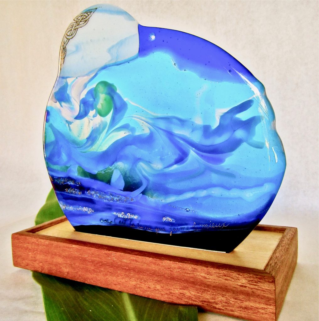 Caron Art Glass art glass lighting fused glass sculpture night sculpture gift for child C'est la Lune (It's the Moon) hand painted details hand raked glass moon ocean turquoise blue green white silver round 4 watt bulb wood base
