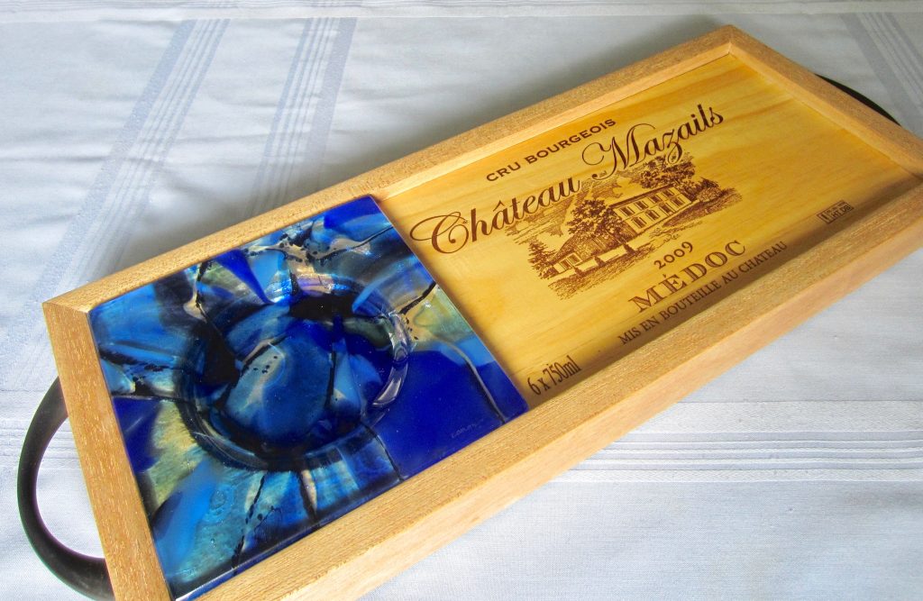 Caron Art Glass fused glass table ware wine serving tray Chateau Mazails hand raked fused glass French wine crate end blue rectangle