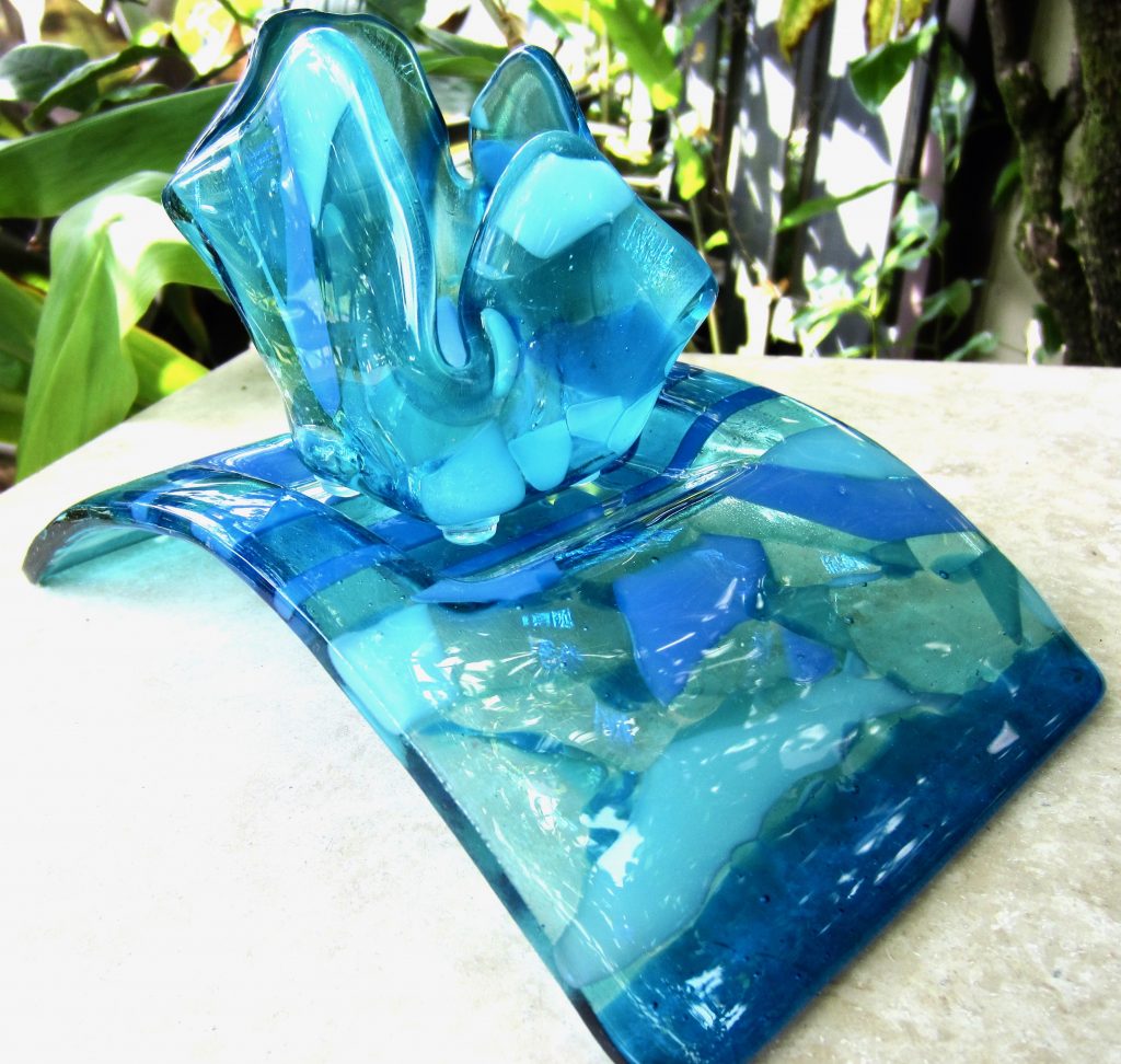 Caron Art Glass fused glass sculpture arch with wind light home decor Coral Reef hand raked glass kiln formed glass turquoise aqua