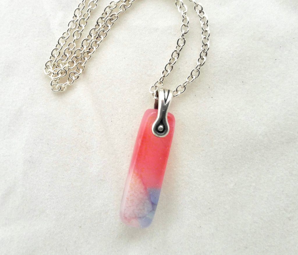 Caron Art Glass fused glass jewelry pendant Coral hand raked fused glass coral pink lavender periwinkle rectangle sterling silver pinch bail sterling silver chain