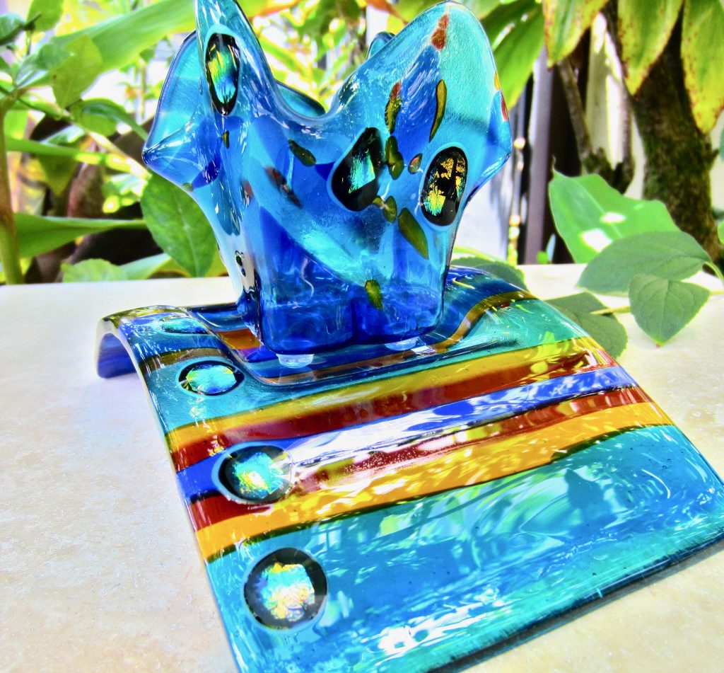 Caron Art Glass fused glass sculpture candle arch wind light E Ala E! (Arise!)kiln formed glass dichroic glass turquoise blue amber coral