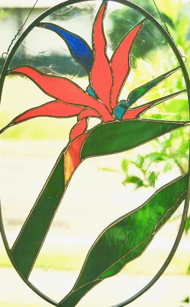 Caron Art Glass stained glass panels Bird of Paradise tropical flower orange green blue oval zinc frame