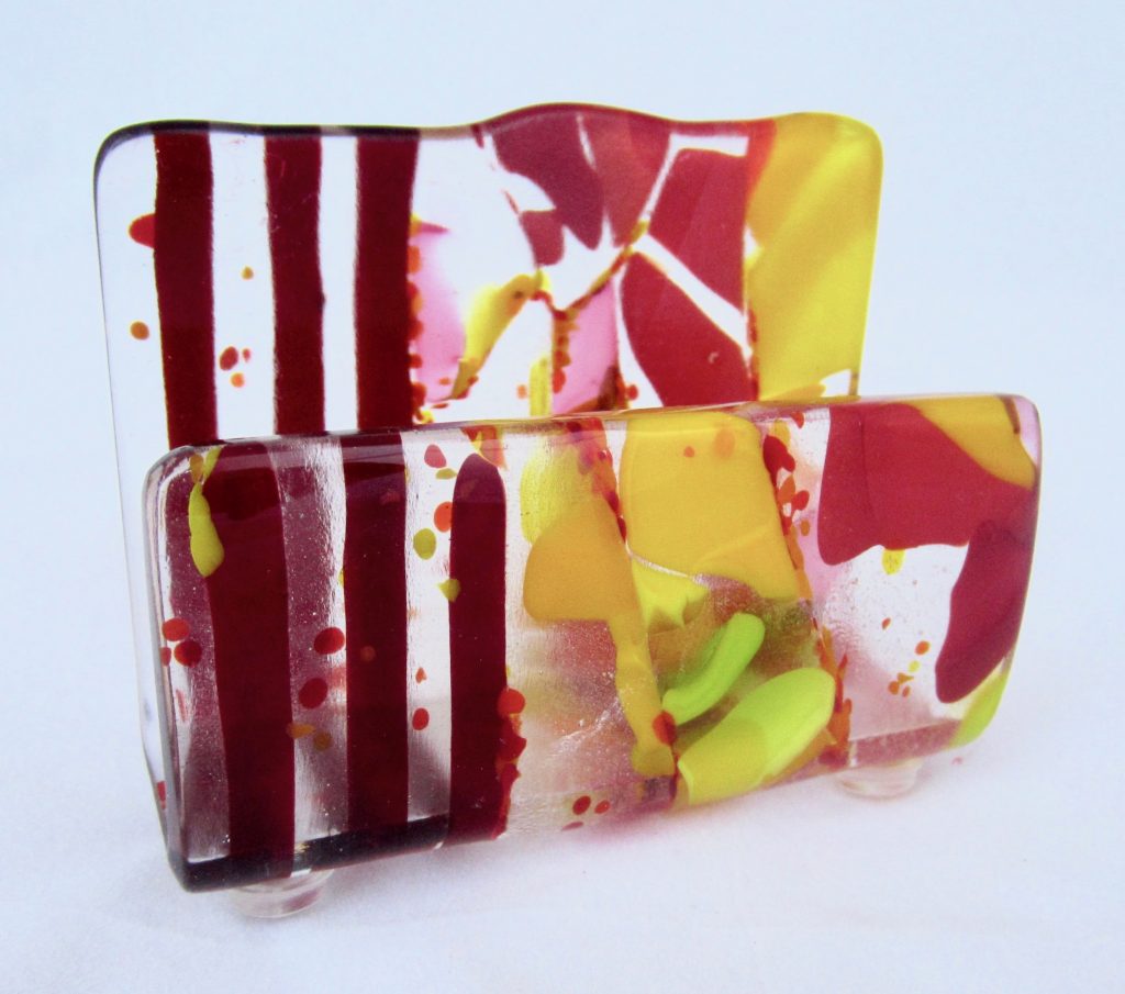 Caron Art Glass fused glass office and library business card holder E Komo Mai (Welcome) hand raked fused glass kiln formed glass