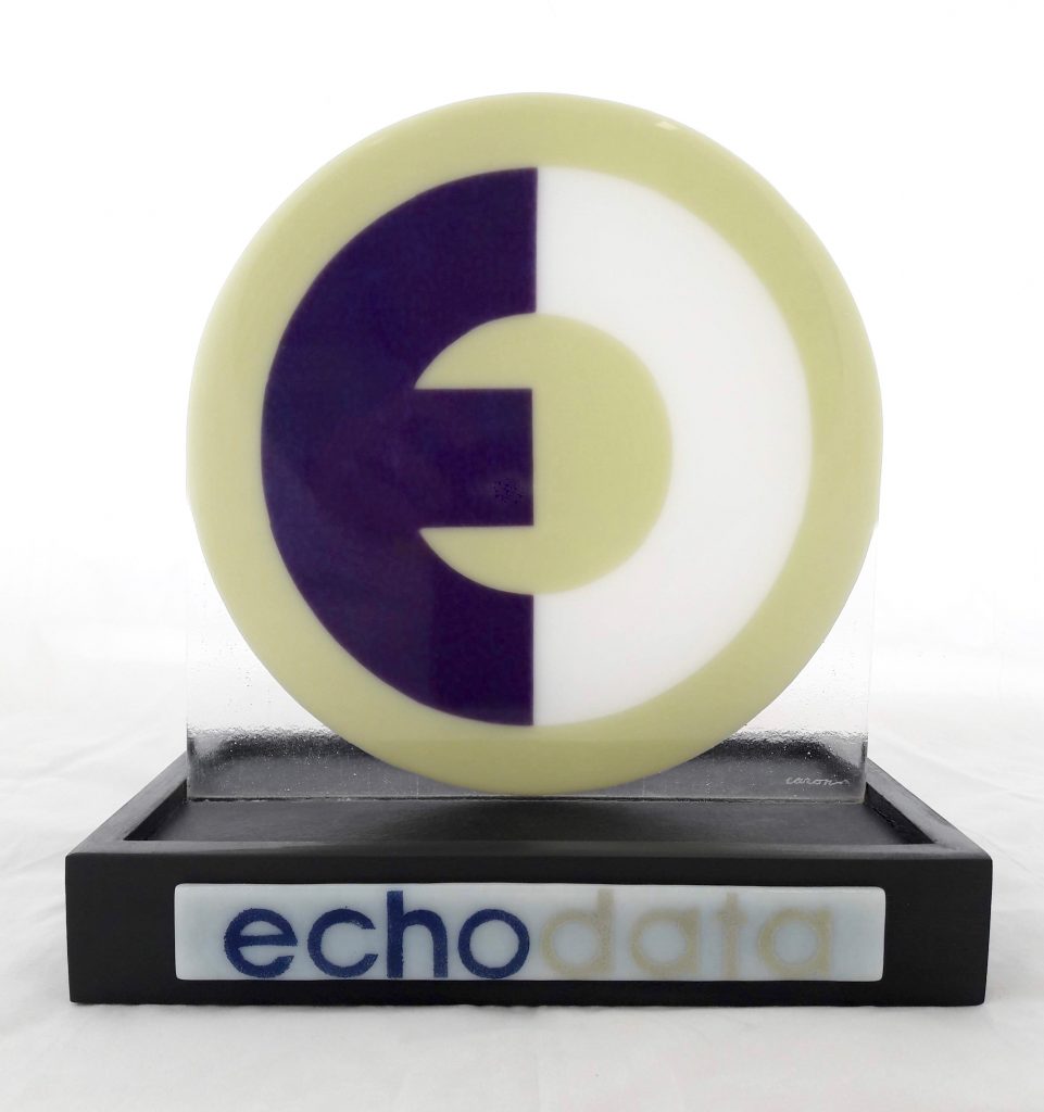 Caron Art Glass fused glass sculpture company logo EchoData purple artichoke green circle black slate painted wood base