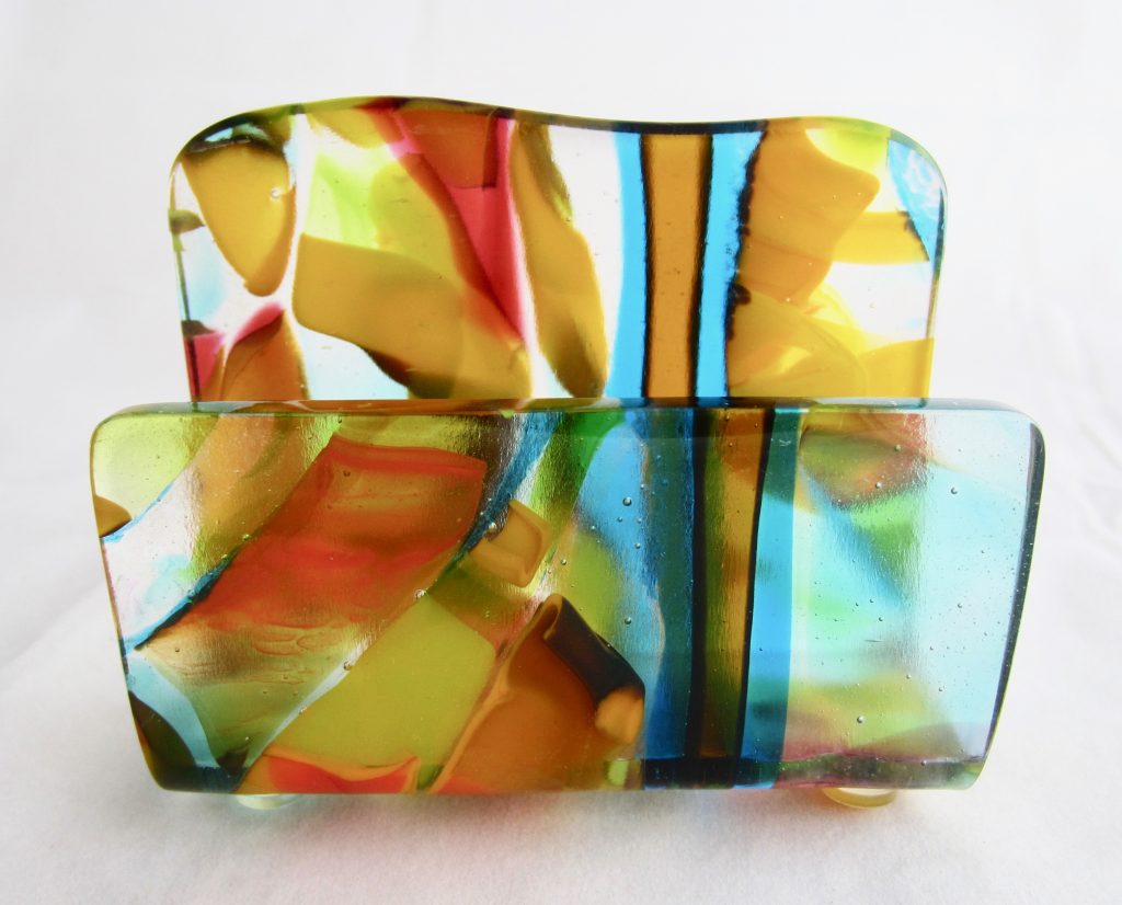 Caron Art Glass fused glass office and library business card holder Fiesta hand raked fused glass kiln formed glass