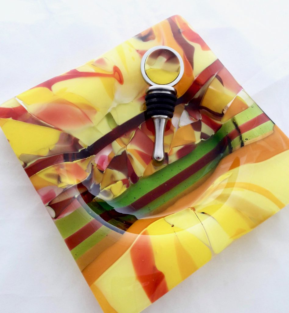 Caron Art Glass fused glass table ware wine bottle coaster wine bottle stopper Fruit Stand hand raked glass tropical fruit yellow orange green square round