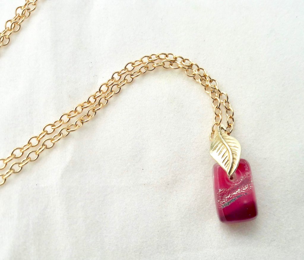 Caron Art Glass fused glass jewelry micro pendant Fuchsia hand raked fused glass dichroic glass pink cranberry gold rectangle vermillion pinch bail gold filled chain