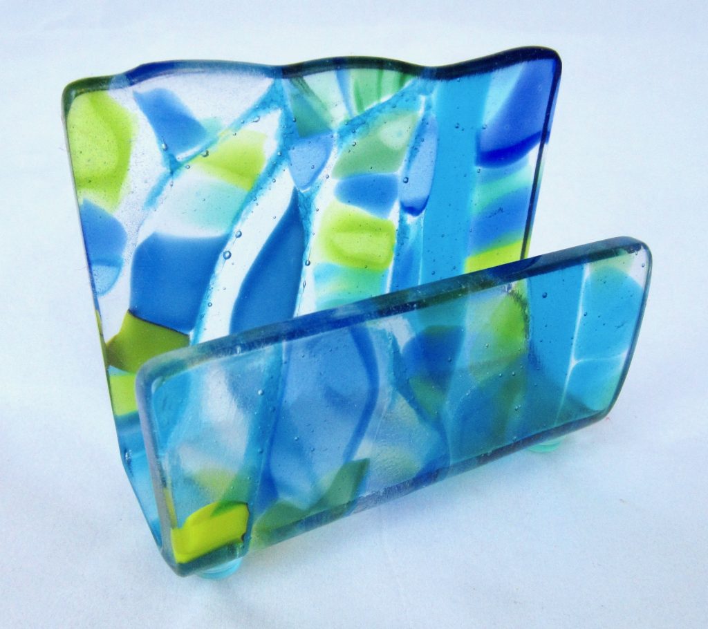 Caron Art Glass fused glass office and library business card holder Hanalei Bay hand raked fused glass kiln formed glass