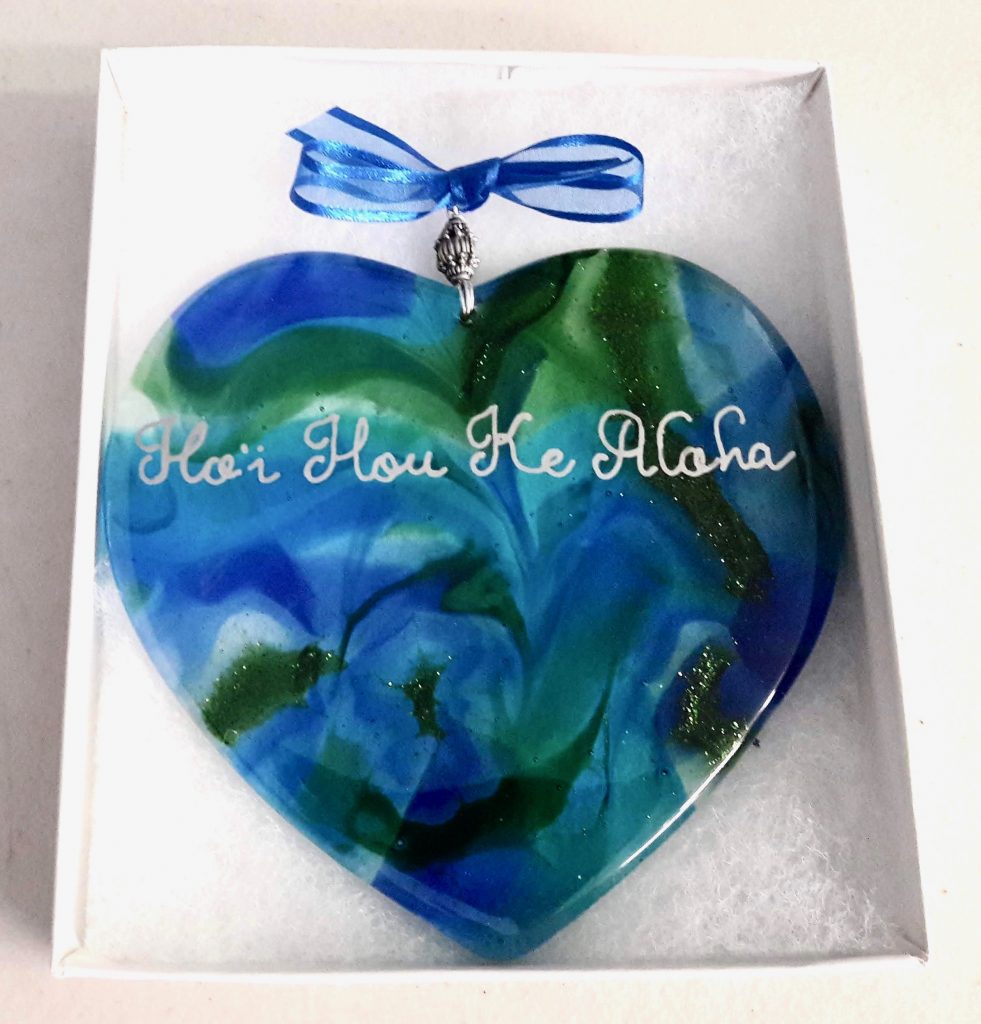 Caron Art Glass fused glass bagatelle light catcher anniversary gift Ho`i Hou ke Aloha hand raked fused glass hand painted details blue green