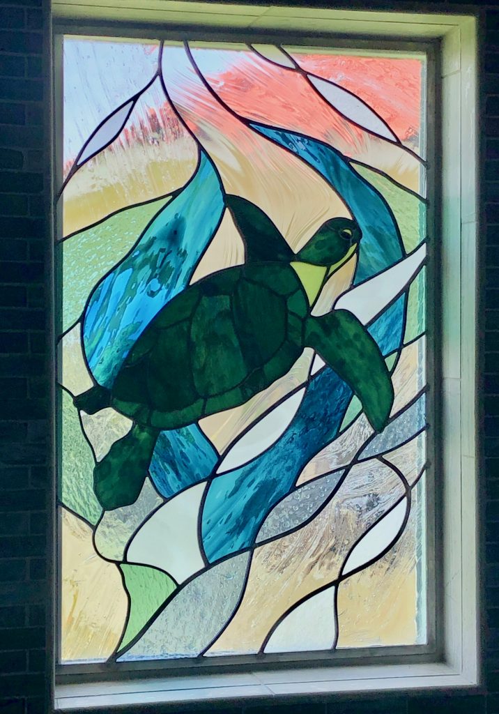 Caron Art Glass architectural art glass privacy window Holo i ke Kai stained glass sea turtle ocean currents blue aqua green white clear rectangle