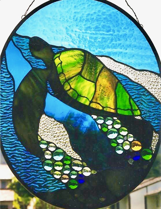 Caron Art Glass Michelle Caron stained glass panels thank you gift turquoise green clear blue sea turtle oval zinc frame