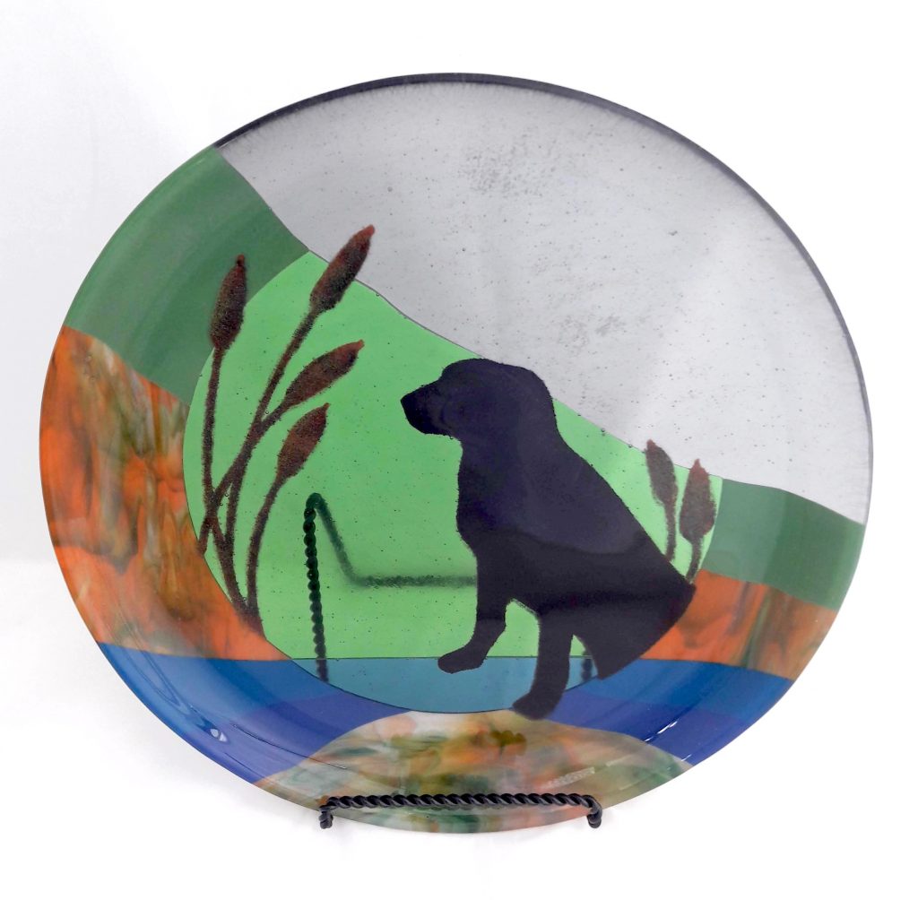 Caron Art Glass fused glass table ware platter Hunt 'Em Up! dogs hunting black green orange blue gray round