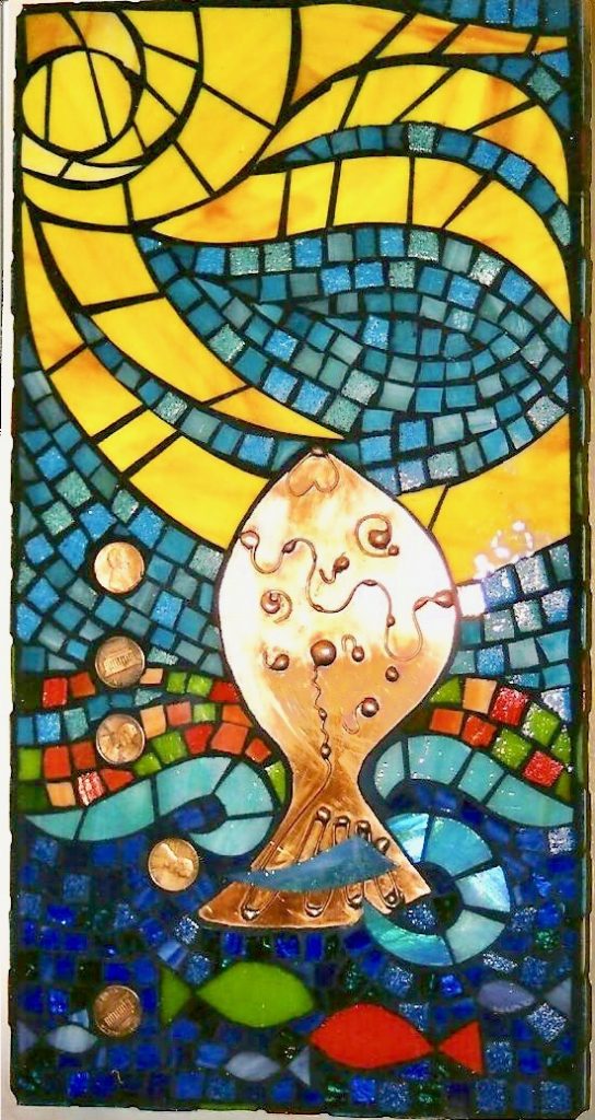 Caron Art Glass art glass mosaic wall art If a Fish Could Make a Wish... found objects copper pennies yellow turquoise blue green red coral rectangle