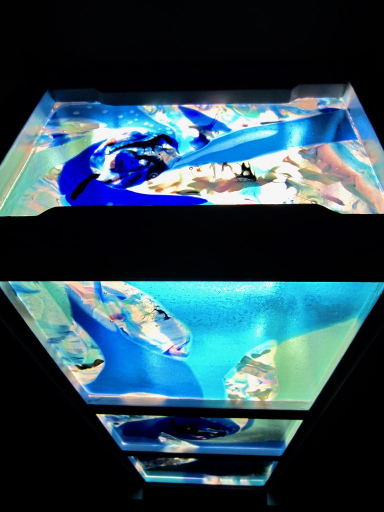 Caron Art Glass art glass lighting Greene and Greene style pendant light Kailua Kai underside hand raked fused glass ocean blue turquoise sea green blue rectangle