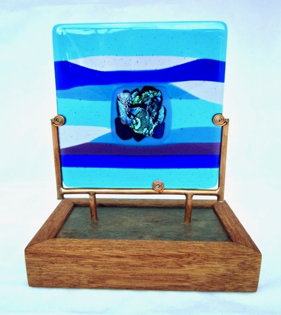 Caron Art Glass fused glass sculpture Corporate Gift Ke Ao Nani- I Kai (Our Beautiful World- The Ocean) dichroic glass turquoise blue lavender purple square copper slate wood base
