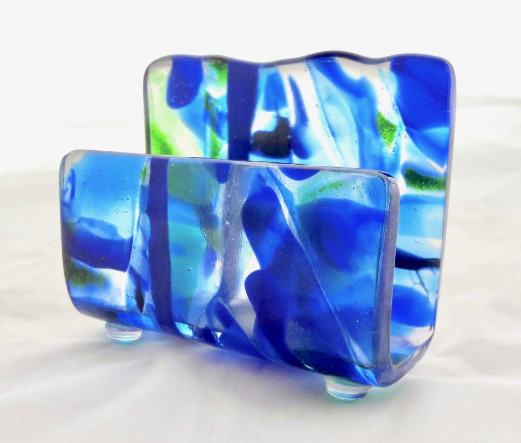 Caron Art Glass fused glass office and library business card holder Kinda Blue hand raked fused glass kiln formed glass blue green