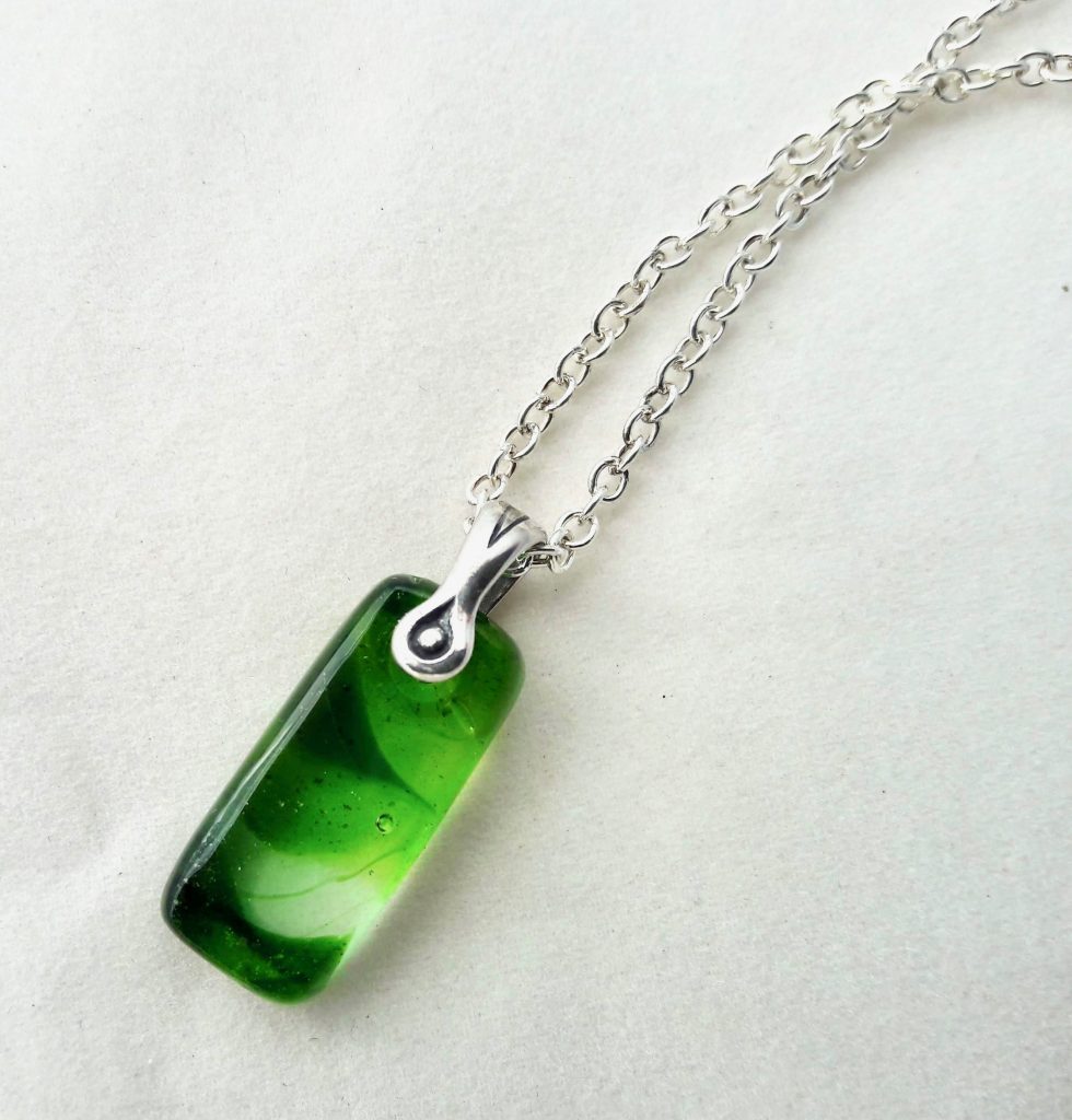 Caron Art Glass fused glass jewelry petit pendant Leaf hand raked fused glass green rectangular sterling silver pinch bail sterling silver chain