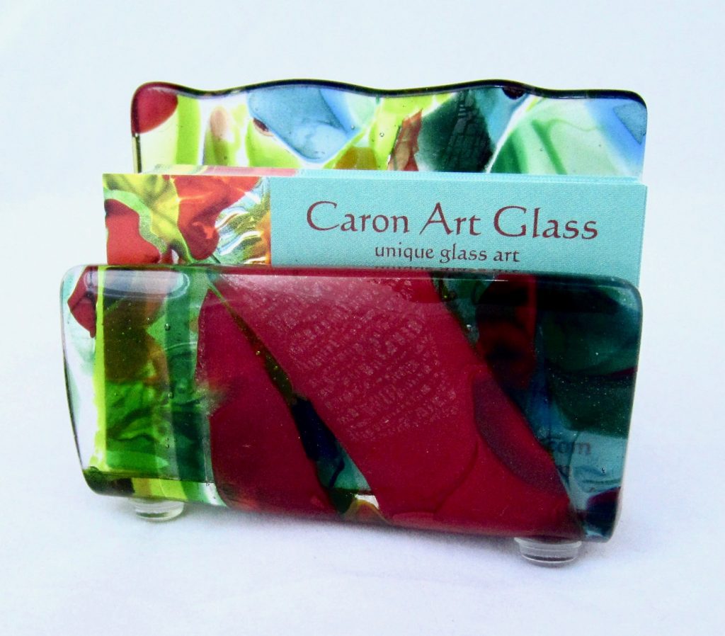 Caron Art Glass fused glass office and library business card holder Māla Pua (Flower Garden) hand raked fused glass kiln formed glass