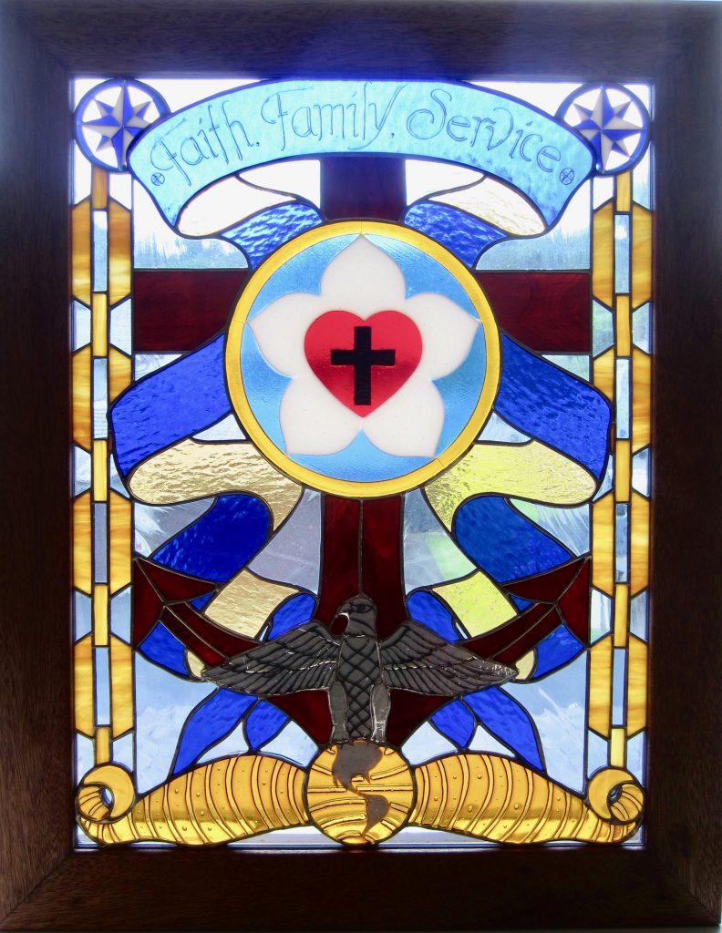 Caron Art Glass stained glass panels retirement gift Meuhler fused glass hand painted details Lutheran rose cross navy chains eagle compass marine corps seal blue amber brown red white yellow rectangle mahogany frame
