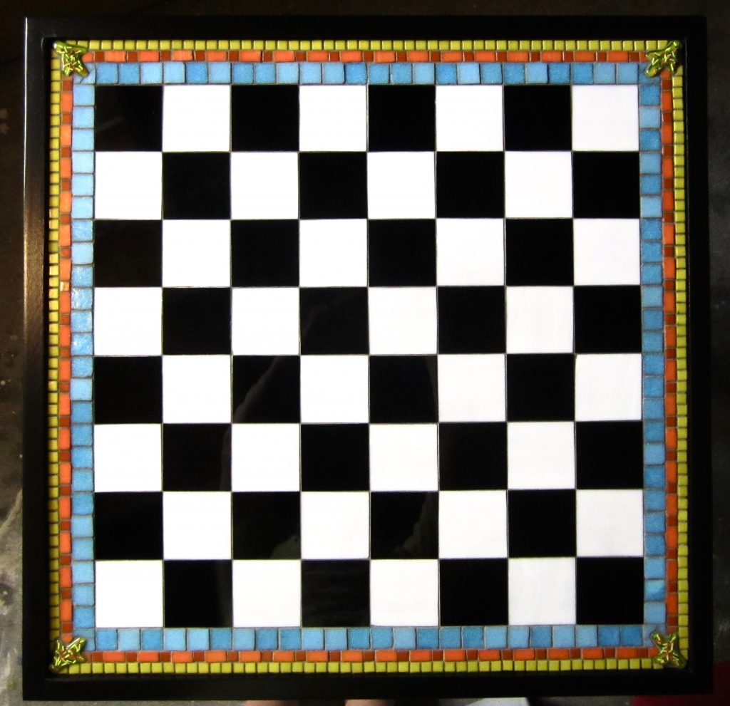 Caron Art Glass art glass mosaic chess board - Mexican Bobbles fused glass cacti blck white turquoise orange yellow green square wood frame