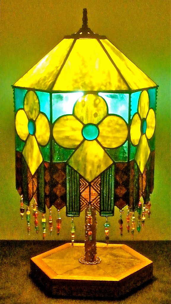 Caron Art Glass art glass lighting table lamp Morocco stained glass fused glass copper overlay beading green aqua turquoise red amber copper slate wood base