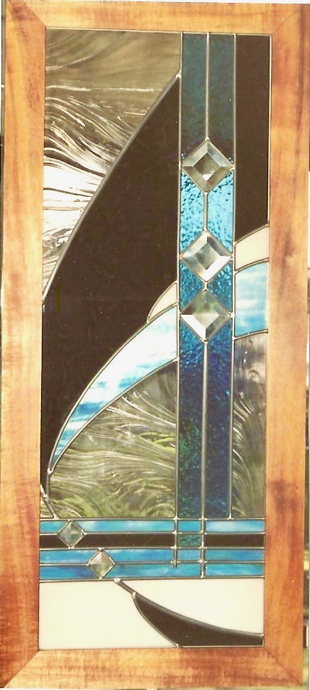 Caron Art Glass stained glass panels fundraiser donation Night Sail beveled glass abstract design black turquoise champagne koa frame