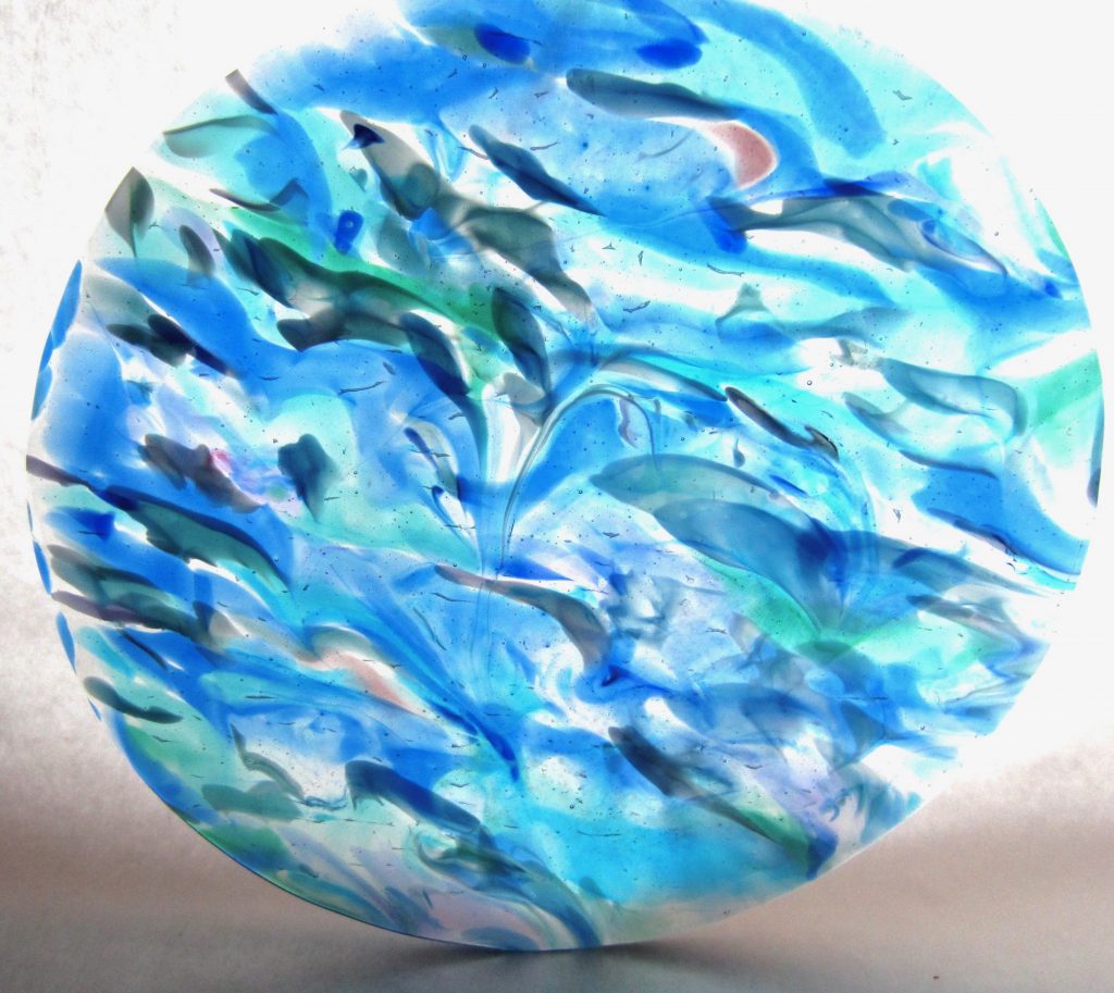 Caron Art Glass architectural art glass table top insert Ocean View hand raked fused glass ocean turquoise aqua bleu cranberry round