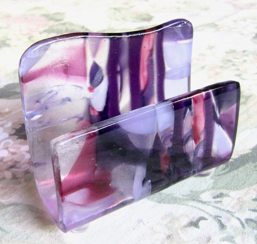 Caron Art Glass fused glass office and library business card holder Orchid hand raked fused glass kiln formed glass