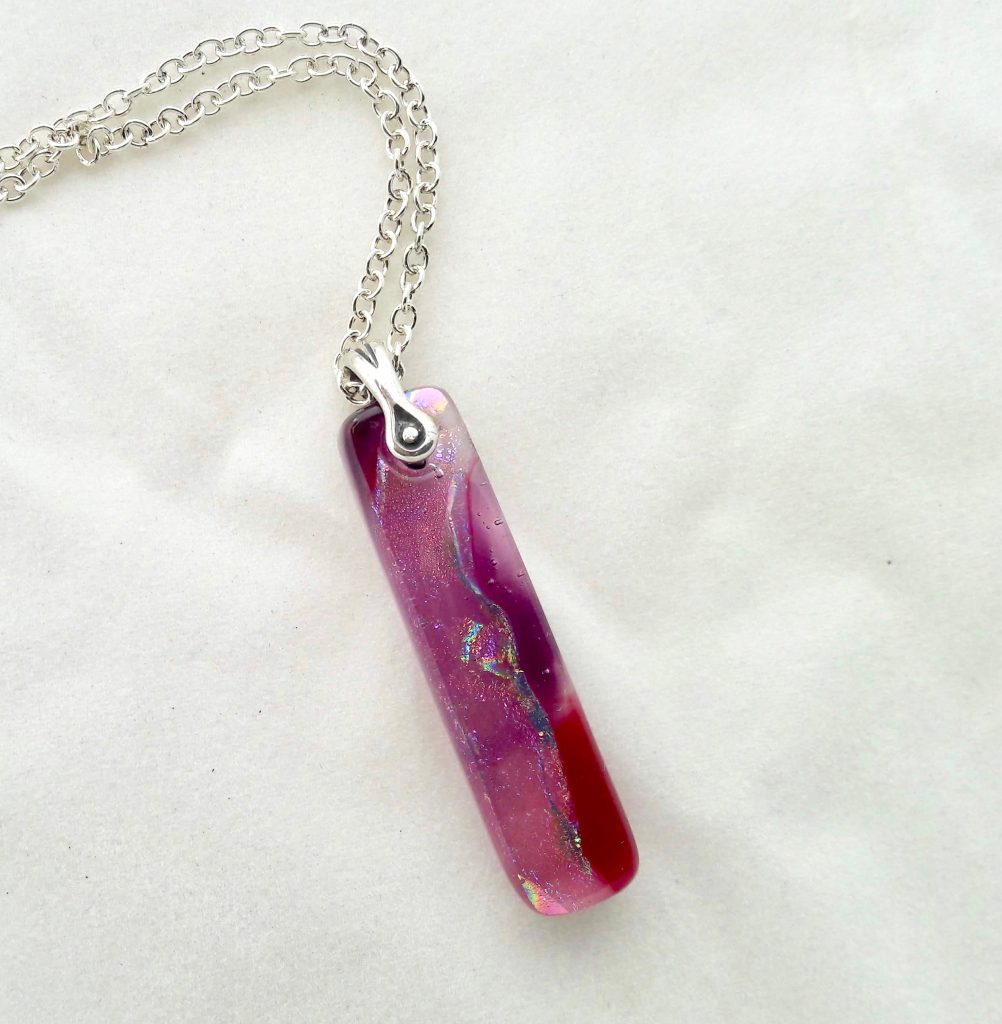 Caron Art Glass fused glass jewelry pendant Orchid hand raked fused glass dichroic glass pink purple lavender cranberry silver rectangular sterling silver pinch bail sterling silver chain