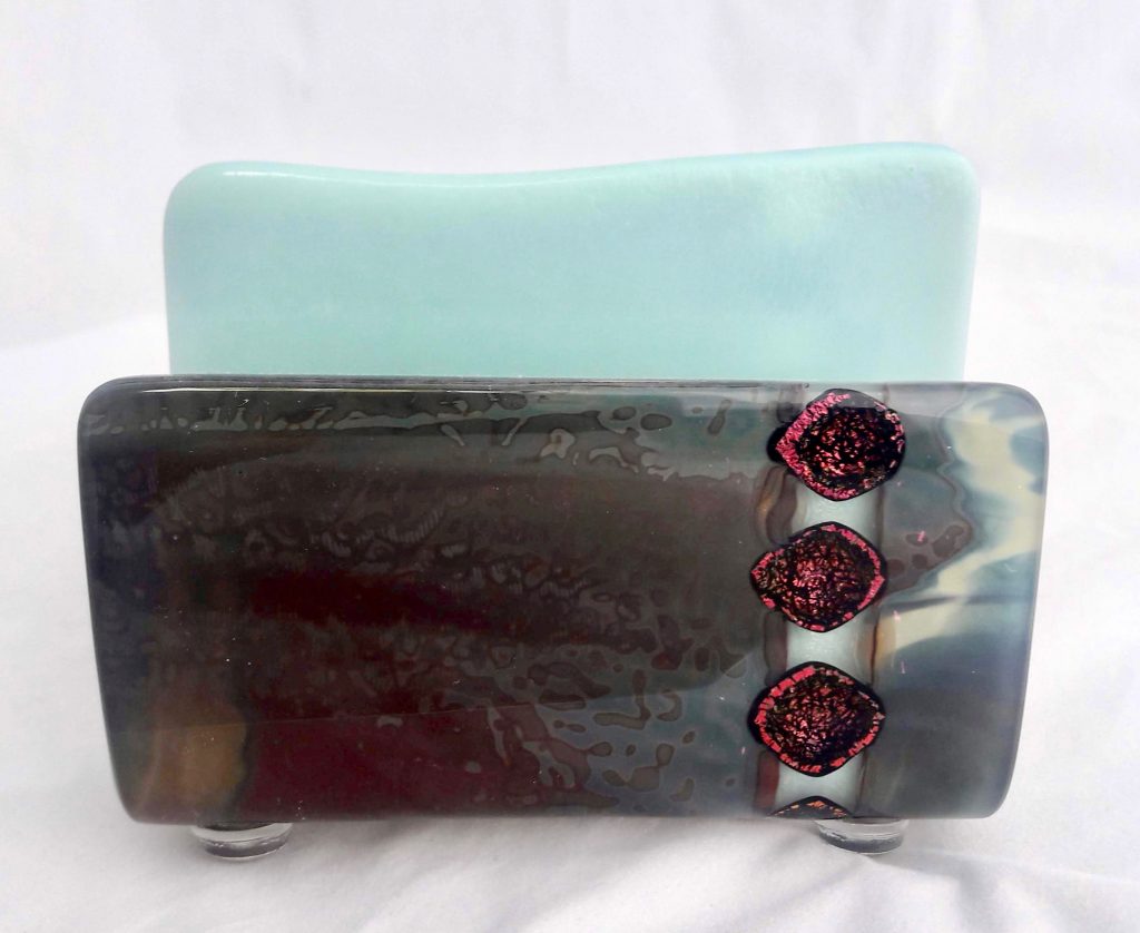 Caron Art Glass fused glass office and library business card holder Old Growth hand raked fused glass kiln formed glass blue brown cranberry burgundy