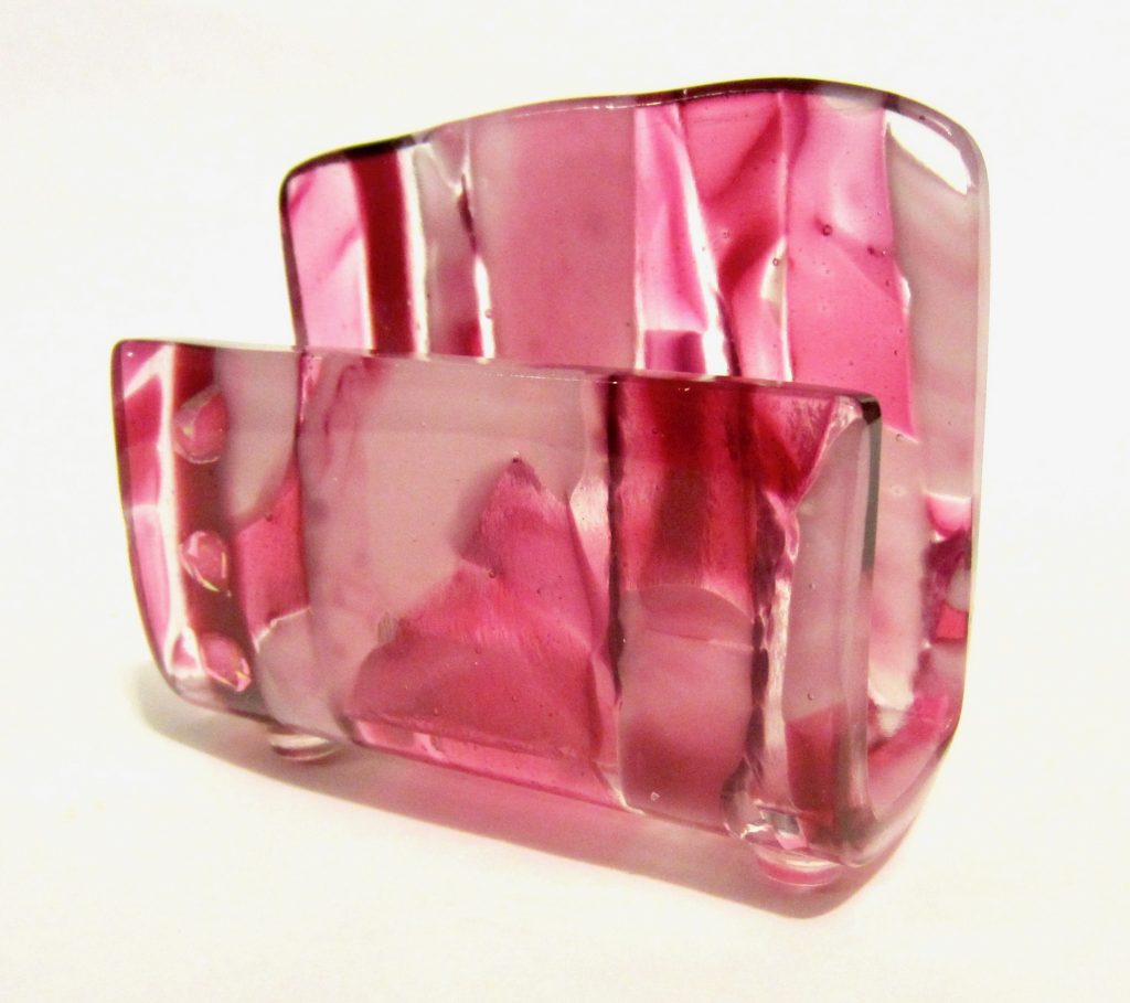 Caron Art Glass fused glass office and library business card holder Pink Cadillac hand raked fused glass kiln formed glass