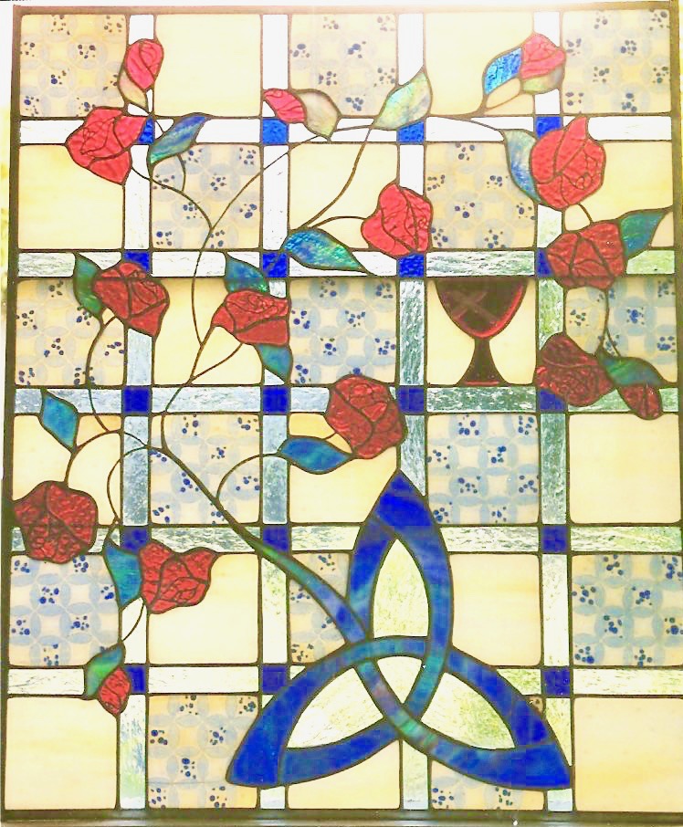 Caron Art Glass stained glass panels commemorative gift Quilter's Tea Rose fused glass roses triskel chalice quilt pattern cranberry blue green amber zinc frame