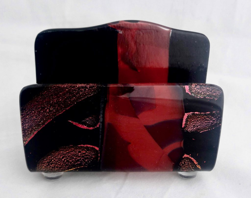 Caron Art Glass fused glass office and library business card holder Red Velvet hand raked fused glass kiln formed glass red black