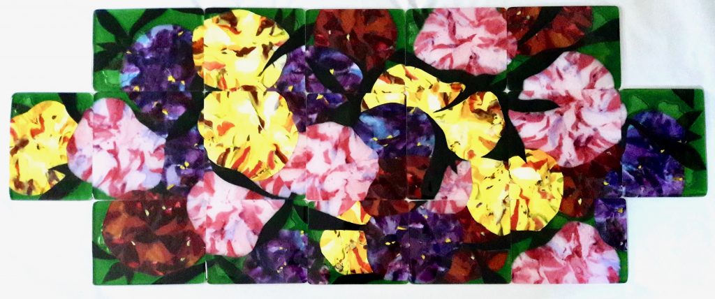 Caron Art Glass art glass lighting panel Greene and Greene style pendant light Rhododendrons hand raked fused glass kiln carved glass flowers yellow red purple pink green rectangle