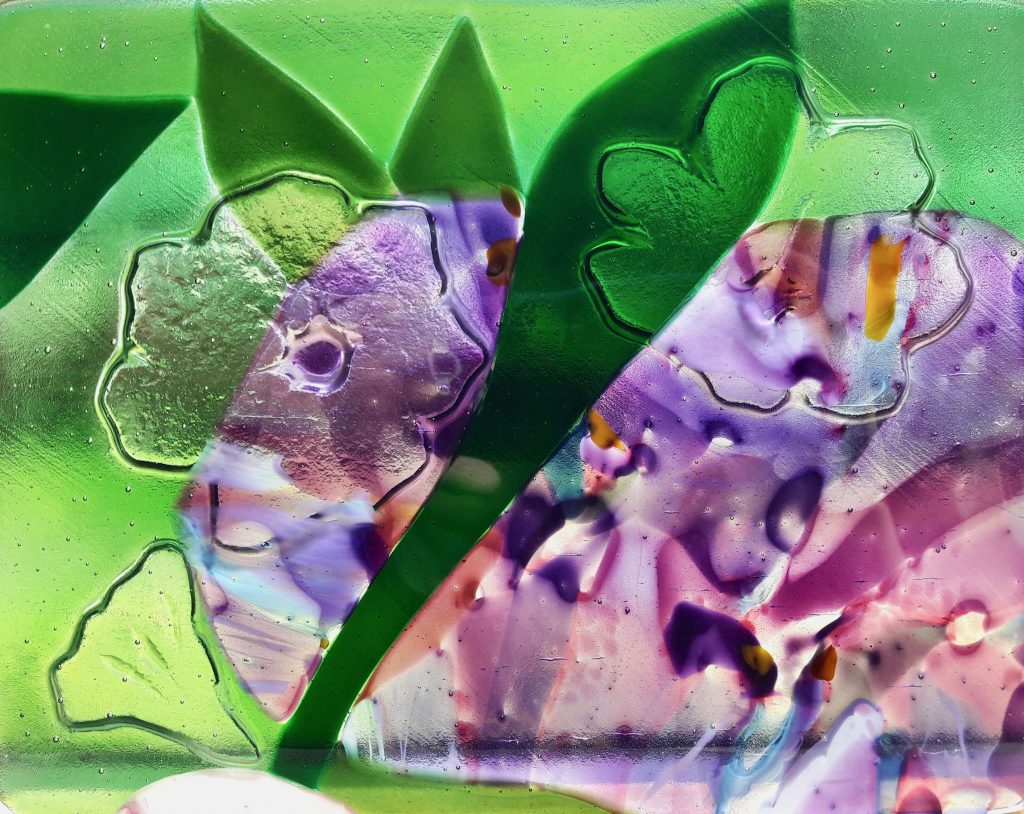 Caron Art Glass art glass lighting panel Greene and Greene style pendant light Rhododendrons violet detail hand raked fused glass kiln carved glass flowers violet purple green rectangle