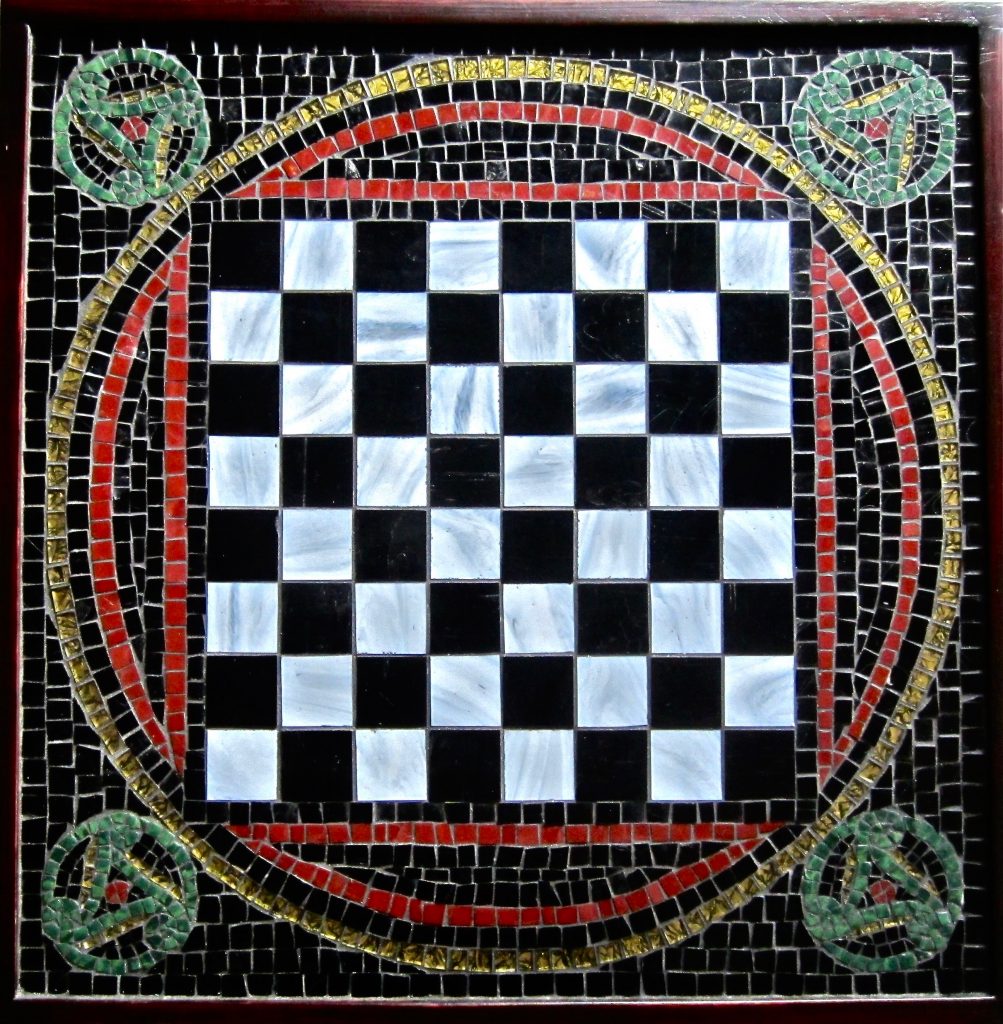 Caron Art Glass art glass mosaic chess board Pax Romana black white red gold green wood frame