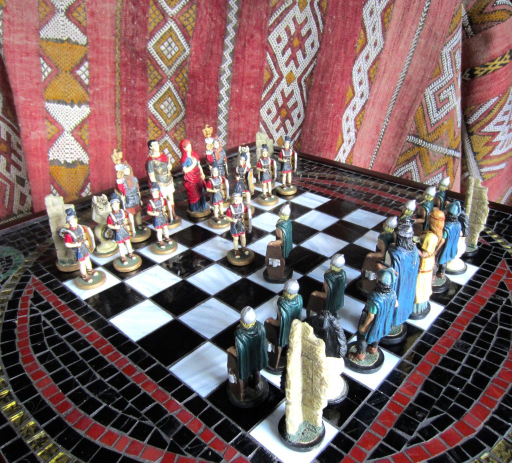 Caron Art Glass art glass mosaic chess board Pax Romana (in play) black white red gold green wood frame