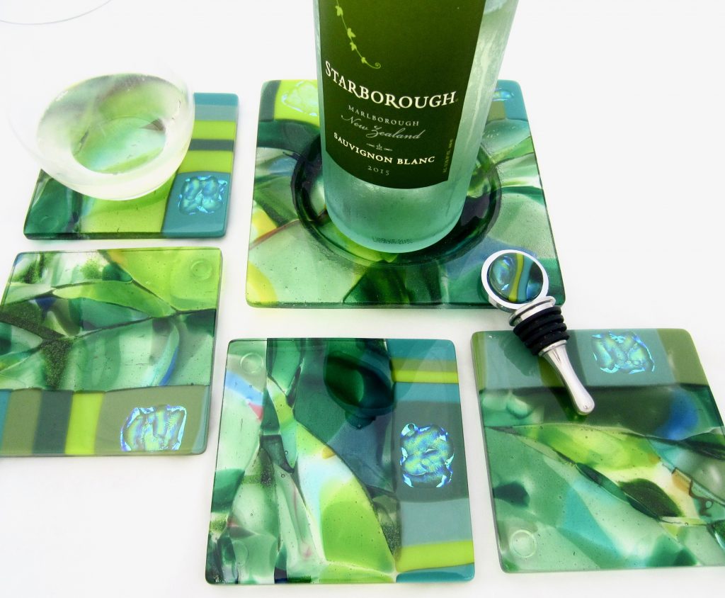 Caron Art Glass fused glass table ware wine bottle coaster, stopper and coaster set Secret Garden hand raked glass dichroic glass green teal square round