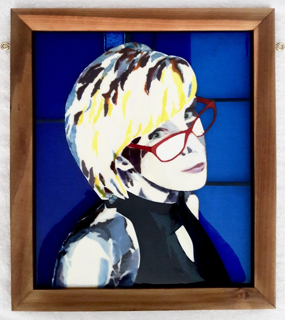Caron Art Glass stained glass panels memorial portrait Shannon fused glass woman red glasses blue yellow red black rectangle mahogany frame