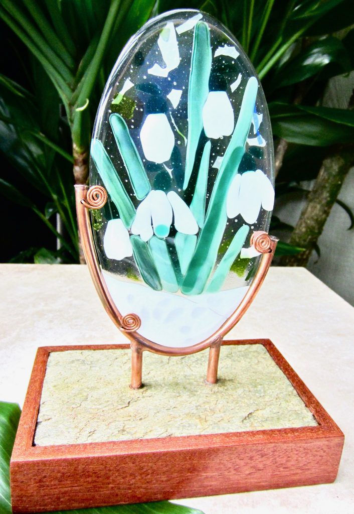 Caron Art Glass fused glass sculpture parent gift Snow Drops flowers white green oval copper slate wood base