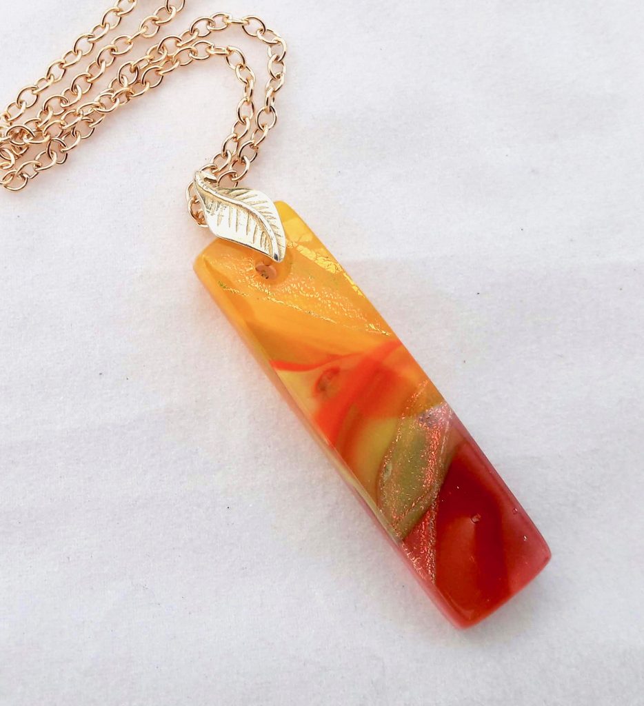 Caron Art Glass fused glass jewelry pendant Sorbet hand raked fused glass yellow orange cranberry coral rectangular vermillion bail gold filled chain