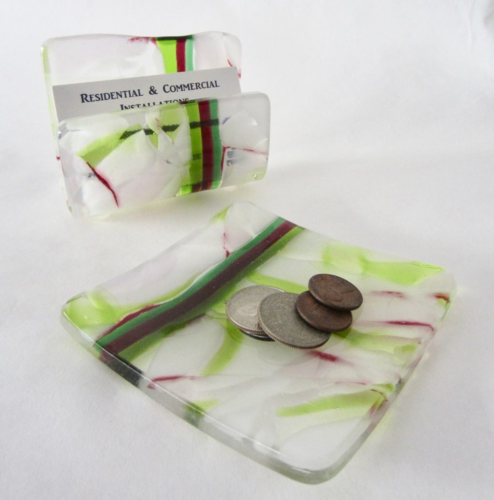 Caron Art Glass fused glass office and library business card holder desk dish Spring Forth hand raked fused glass kiln formed glass
