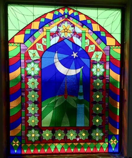 Caron Art Glass architectural art glass foyer window Star and Crescent stained glass islamic motifs star crescent mosque minaret blue white green red purple amber rectangle